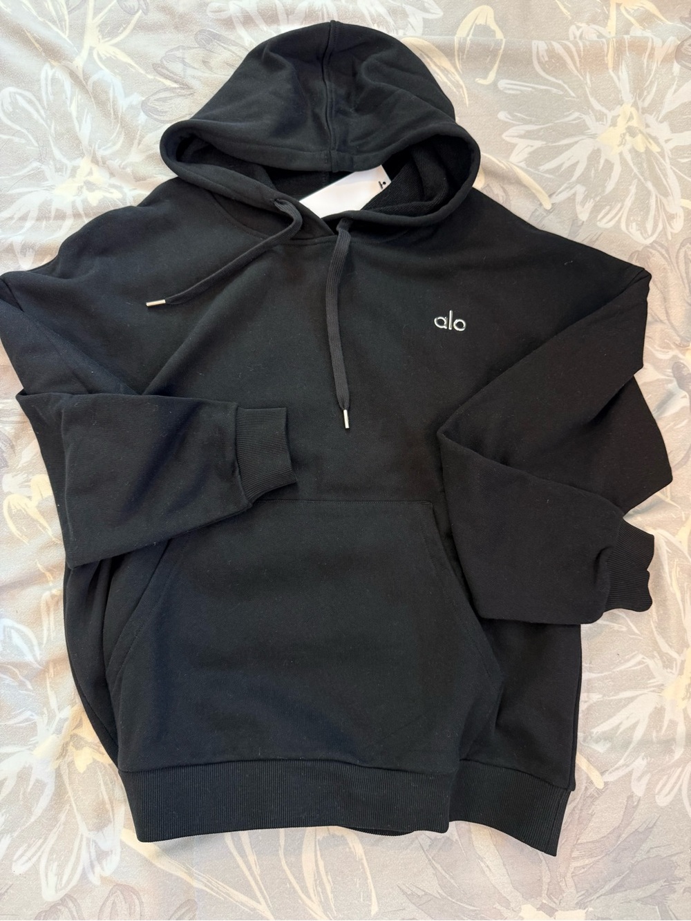 ALO Yoga Black Pullover Hoodie with Small White Logo